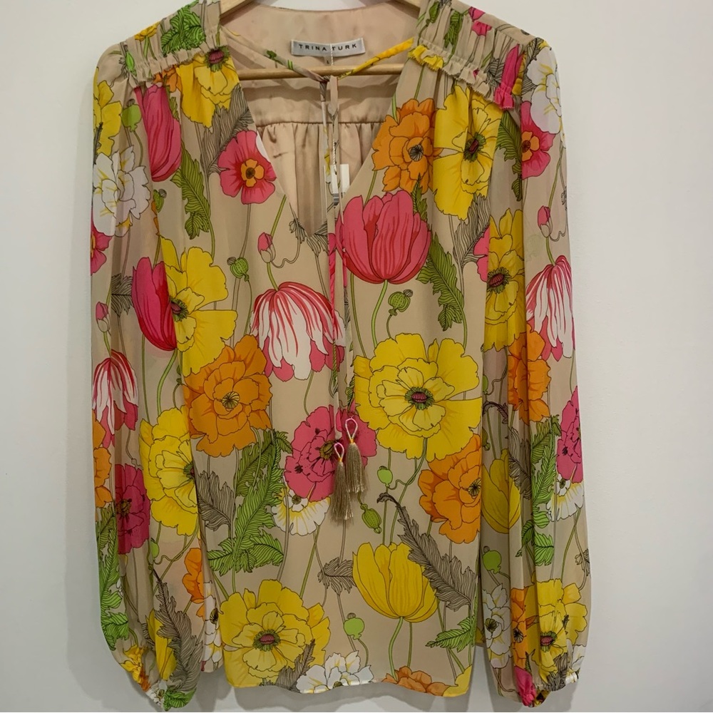 Trina Turk Garden Spray V-Neck Blouse with Fringed Tie Closure